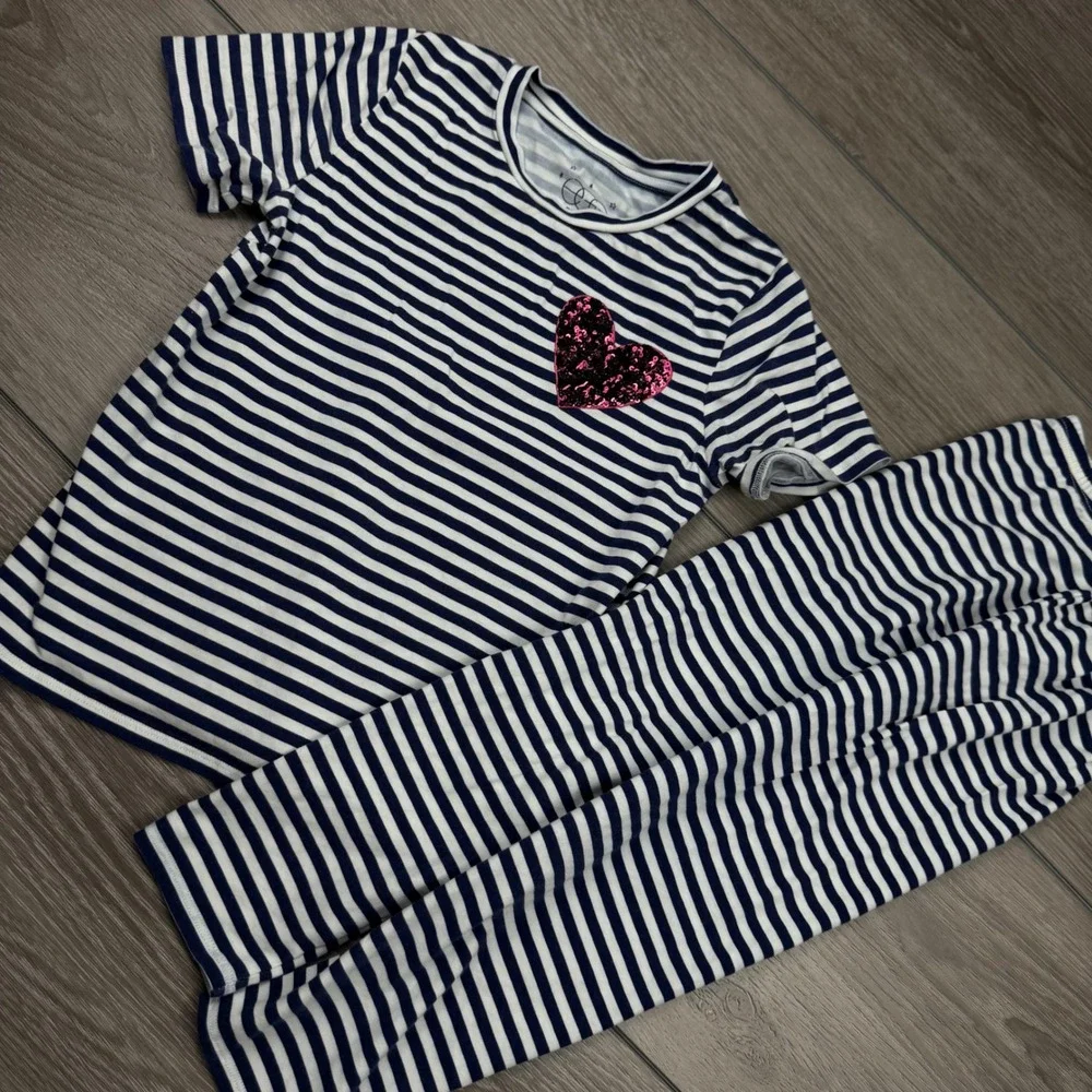 Egg New York Girls Pajama Set Striped Sequin Heart Navy White 5 Years